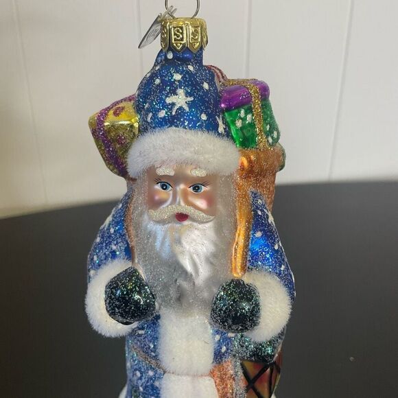 KSA Old World Glistening Santa Claus Toys Hanging Ornament Glass Blue 6" Tall - Picture 2 of 9